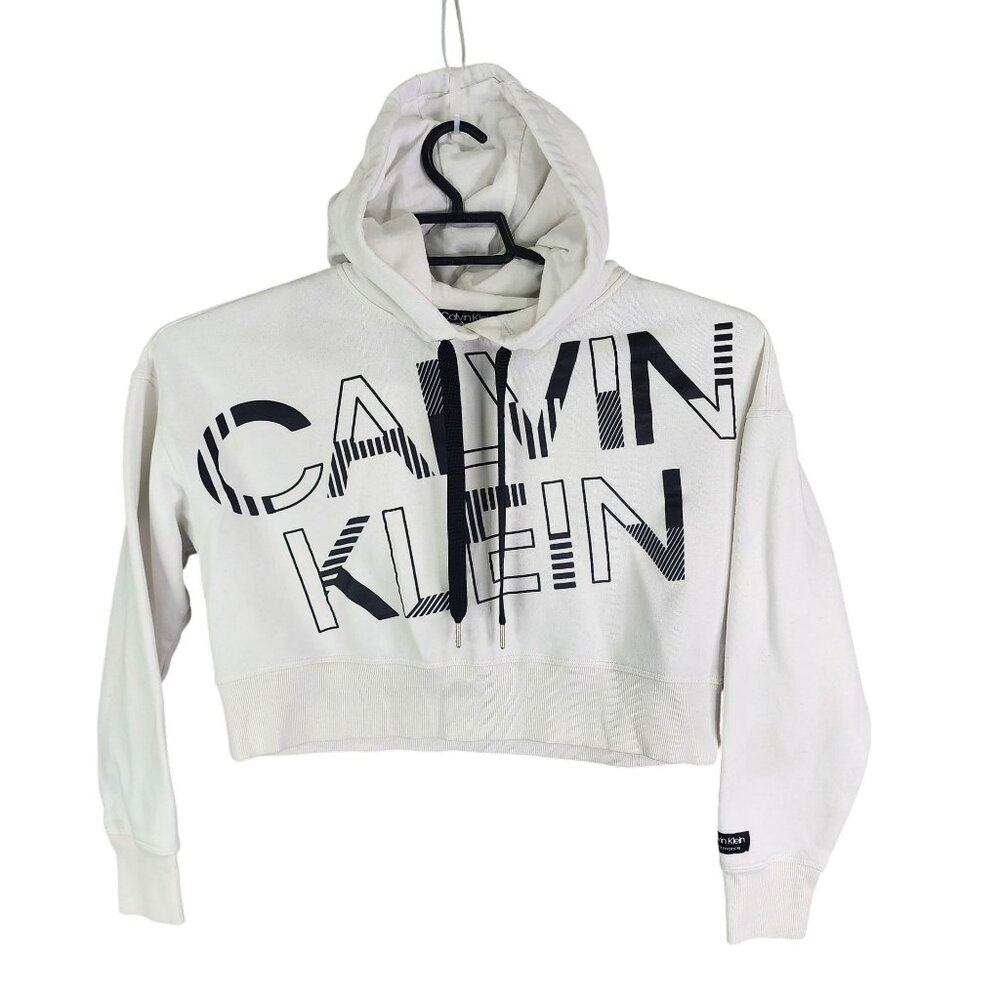 Womens Calvin Klein Crop Hoodie Sweatshirt Black & White Print Long Sleeve S